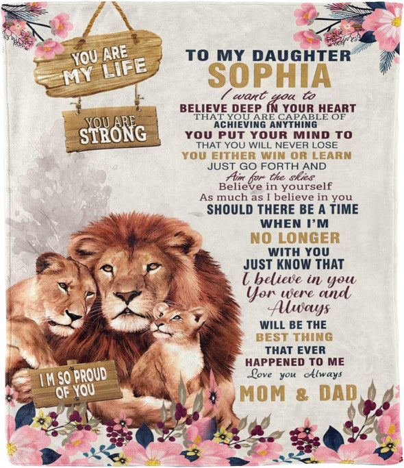Customized 'Proud of You' Daughter Name Blanket: A Heartfelt Gift from Mom & Dad for Daughter's Day, Birthdays, and More! Personalized and Proudly Printed in the USA