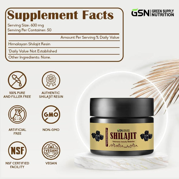Green Supply Organic Shilajit Resin 30g: Pure Himalayan Blend with 85+ Trace Minerals & Fulvic Acid - 600mg Maximum Potency for Energy Boost and Immune Support, 50 Servings
