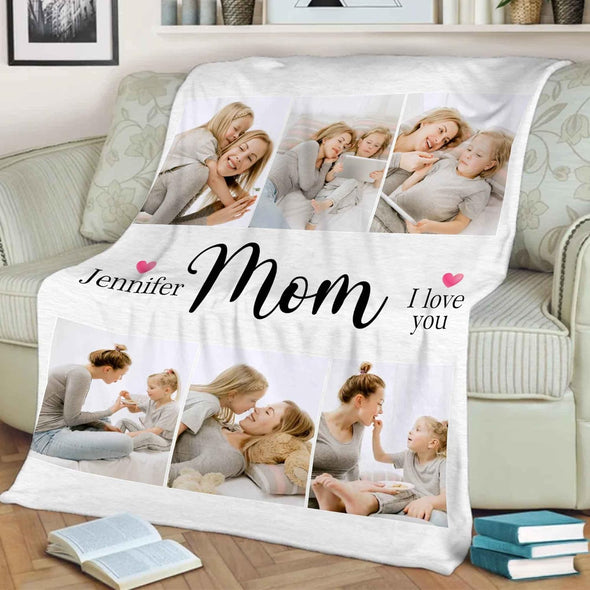 Custom Name & Photo Blanket for Mom. Gift for Mother's Day, Birthday, Christmas, from Daughter/Son, Personalized Mom I Love You Blanket with Images & Name, Printed in USA