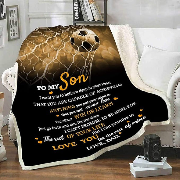 To My Soccer-loving Son: Premium Quality Fleece Blanket with Quotes and Beautiful Print - Ideal Birthday, Children's Day, or Christmas Gift. Super Soft and Cozy Blanket to Express Your Love