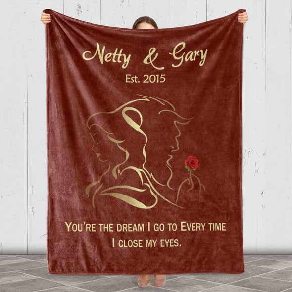 Personalized Beauty and Beast Blanket with Couple's Names & Established Date - Perfect for Birthdays, Anniversaries, and Valentine's Day - Ideal Gift for Him/Her