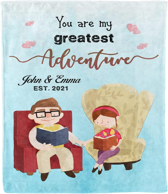 You are My Greatest Adventure Personalized Fleece Throw Blanket with Custom Names and Date, Ideal for Anniversary, Birthday, Valentine's Day, Proudly Made in the USA