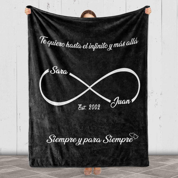 Customized Blanket for Couples, Gift for Anniversary, Valentine's Day, Birthday, Personalized Name and Est Blanket, Te Quiero Hasta el infinito y más alla, Siempre y para Siempre Gift for Him/Her