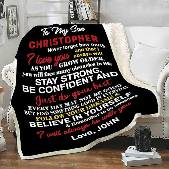 to My Son Customized Name Blanket for Son, Gift from Dad/Mom for Birthday, Christmas, Children's Day, Follow Your Dreams & Believe in Yourself Personalized Blanket Gift for Him, Printed in USA