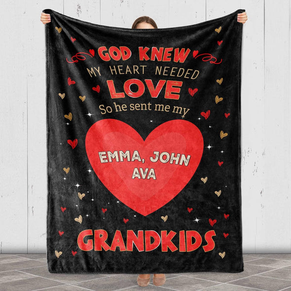 Cherished moments with your grandchildren with our personalized blanket. Featuring the touching message God Knew My Heart Needed Love So He Sent Me My Grandkids this blanket is a heartfelt gift for any occasion. Proudly printed in the USA.