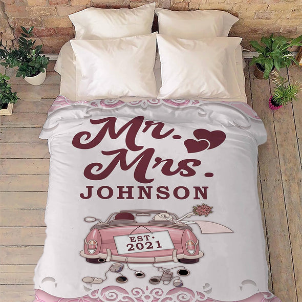 Mr. and Mrs. Romantic Love Blanket Personalized for Couples, Customized Surname and Date, Birthday, Anniversary, Valentine's Day, Silky Smooth, Super-Soft, Light Weight Warm Blanket