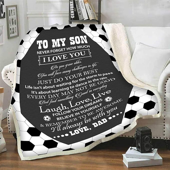 to My Soccer Son, Laugh Love Live, Premium Quality Fleece Blanket for Son, with Quotes and Beautiful Print, Birthday, Children's Day, Christmas Day, Gift for him, Super Soft and Cozy Blanket