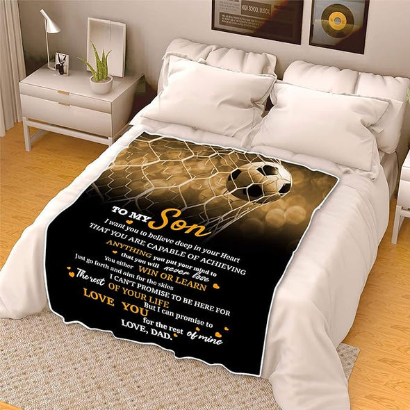 To My Soccer-loving Son: Premium Quality Fleece Blanket with Quotes and Beautiful Print - Ideal Birthday, Children's Day, or Christmas Gift. Super Soft and Cozy Blanket to Express Your Love