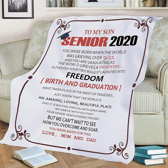 to My Son, Senior 2020, Premium Quality Fleece Blanket for Son, with Quotes and Beautiful Print, Birthday, Children's Day, Christmas Day, Gift for him, Super Soft and Cozy Blanket