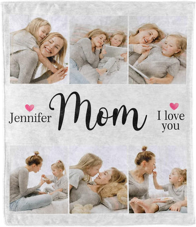 Custom Name & Photo Blanket for Mom. Gift for Mother's Day, Birthday, Christmas, from Daughter/Son, Personalized Mom I Love You Blanket with Images & Name, Printed in USA