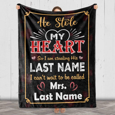 Personalized Couples Name Blanket - 'He Stole My Heart' Design. Ideal for Valentines, Birthdays, and More! Choose Sherpa or Fleece - Proudly Sent from the USA. A Heartfelt Gift from Family and Friends