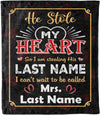 Personalized Couples Name Blanket - 'He Stole My Heart' Design. Ideal for Valentines, Birthdays, and More! Choose Sherpa or Fleece - Proudly Sent from the USA. A Heartfelt Gift from Family and Friends