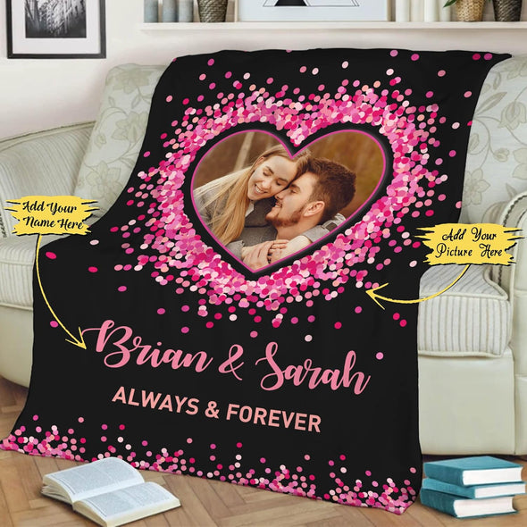 Personalized Gift for Couples Love Photo Blanket, Forever and Always, Customized Photo and Names, Anniversary, Birthday, Valentine's Day Gift, Super Cozy Soft Throw Warm Black Blanket