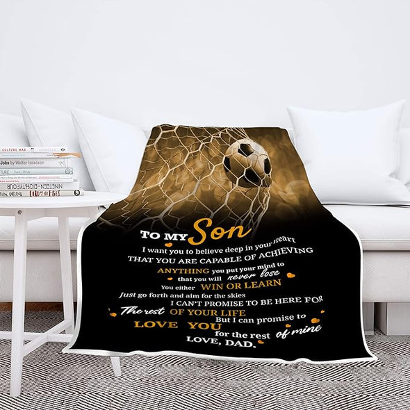 To My Soccer-loving Son: Premium Quality Fleece Blanket with Quotes and Beautiful Print - Ideal Birthday, Children's Day, or Christmas Gift. Super Soft and Cozy Blanket to Express Your Love