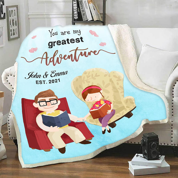 You are My Greatest Adventure Personalized Fleece Throw Blanket with Custom Names and Date, Ideal for Anniversary, Birthday, Valentine's Day, Proudly Made in the USA