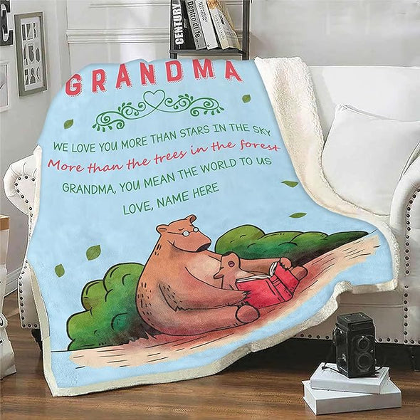 Customized Name Blanket for Grandma, We Love You More Than Stars in The Sky, Gift from Grandson/Daughter for Birthday, Thanksgiving, Christmas, Proudly Printed in USA Fleece or Sherpa Blanket