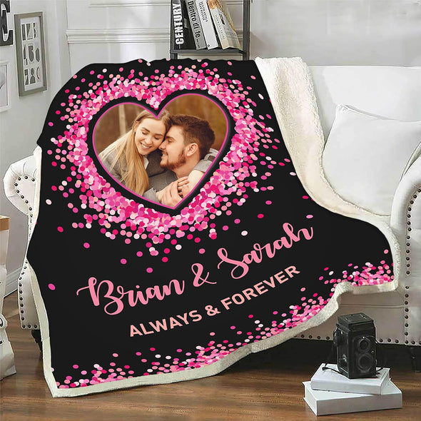 Personalized Gift for Couples Love Photo Blanket, Forever and Always, Customized Photo and Names, Anniversary, Birthday, Valentine's Day Gift, Super Cozy Soft Throw Warm Black Blanket