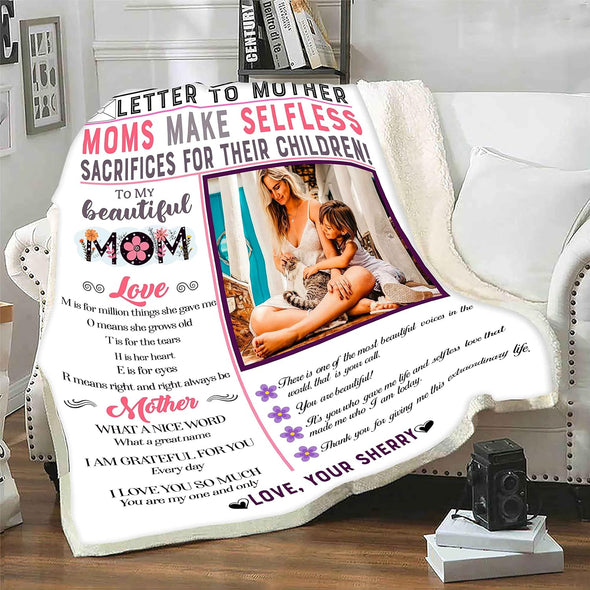 Customized Sherpa Warm Blanket: A Heartfelt Letter to Mom Customize with Name and Photo Perfect Birthday Gift - Luxurious Fleece for Extra Warmth