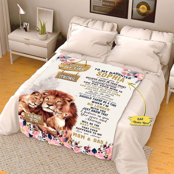 Customized 'Proud of You' Daughter Name Blanket: A Heartfelt Gift from Mom & Dad for Daughter's Day, Birthdays, and More! Personalized and Proudly Printed in the USA