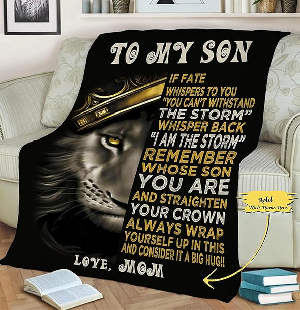 Customized Name Blanket for Son from Mom/Dad, to My Son, Remember Whose Son You are, Gift for Birthday, Christmas, Thanksgiving, Anniversary Proudly Printed in USA Sherpa or Fleece Blanket