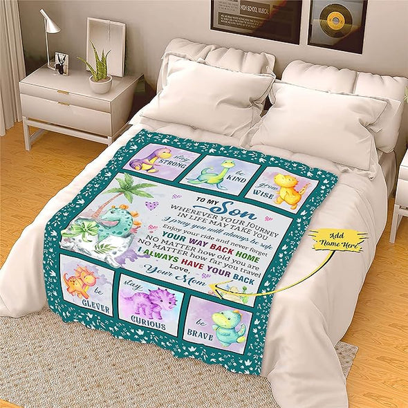 to My Son Customized Name Blanket Gift for Son from Mom/Dad for Birthday, Christmas, Thanksgiving, Stay Strong Be Kind Grow Wise Design Personalized Blanket Gift for Him, Printed in USA