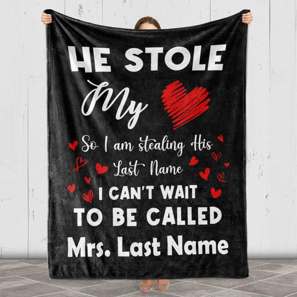 Personalized Couples Name Blanket - 'He Stole My Heart' Design. Perfect for Valentines, Birthdays, and More! Available in Fleece or Sherpa - Sent with Pride from the USA. A Heartfelt Gift from Loved Ones