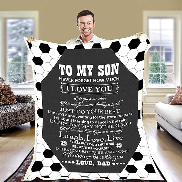 to My Soccer Son, Laugh Love Live, Premium Quality Fleece Blanket for Son, with Quotes and Beautiful Print, Birthday, Children's Day, Christmas Day, Gift for him, Super Soft and Cozy Blanket