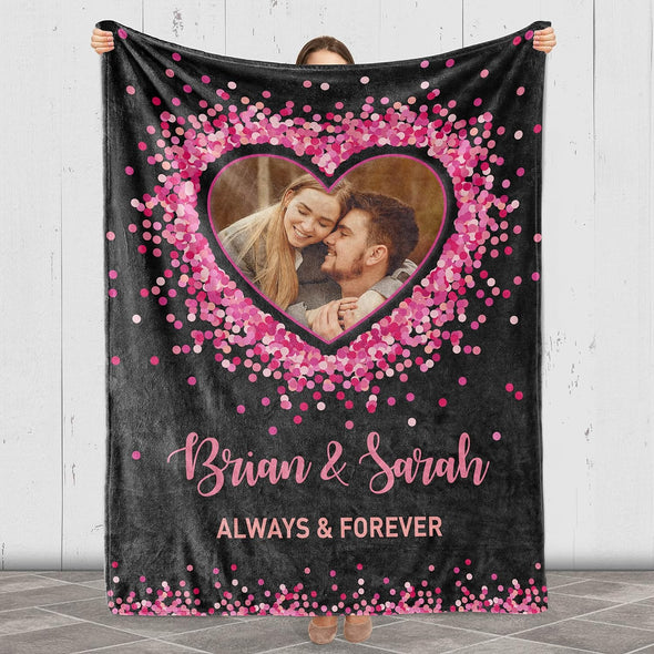 Personalized Gift for Couples Love Photo Blanket, Forever and Always, Customized Photo and Names, Anniversary, Birthday, Valentine's Day Gift, Super Cozy Soft Throw Warm Black Blanket