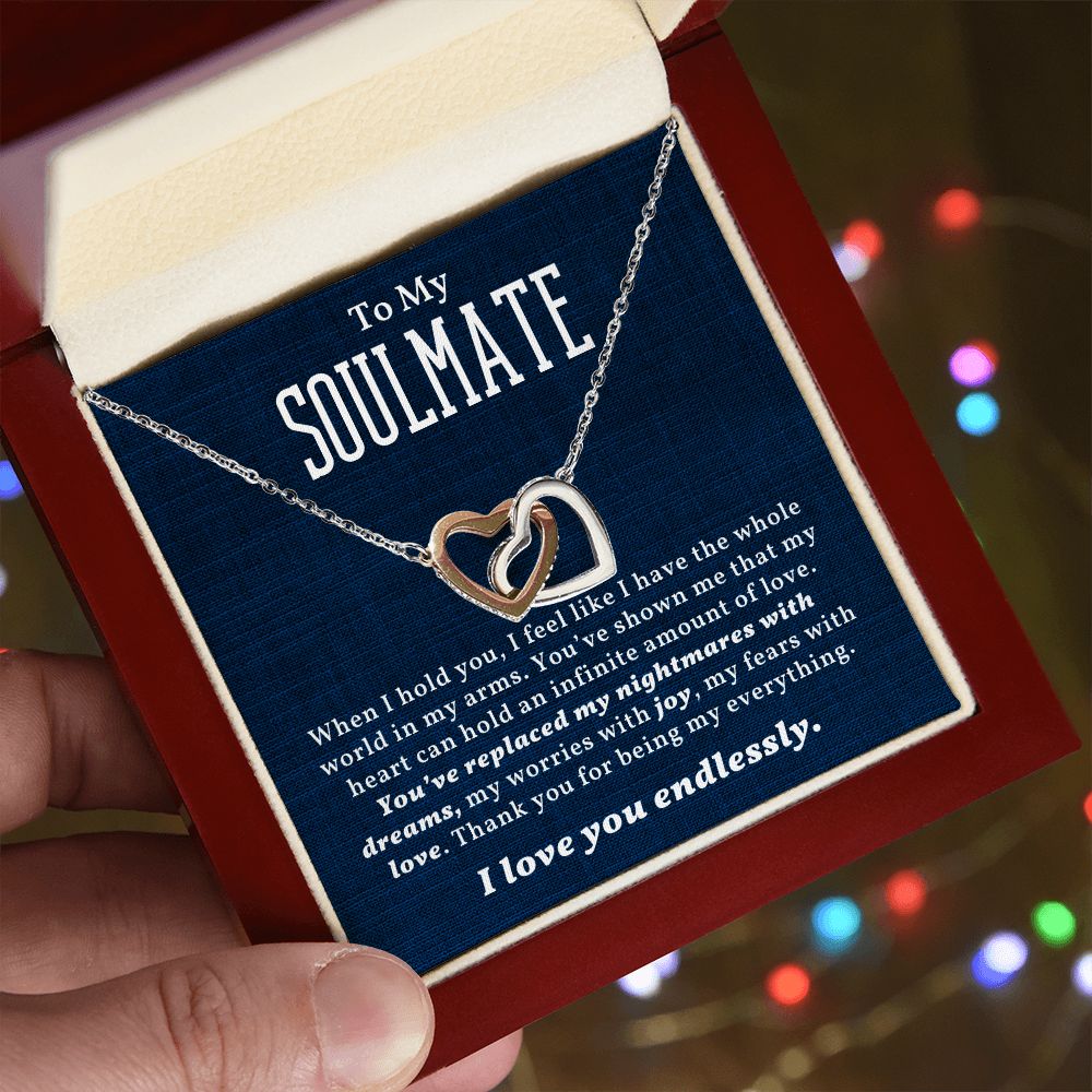 To my soulmate I love you endlessly, interlocking heart necklace, gift for her birthday, anniversary gift for wife