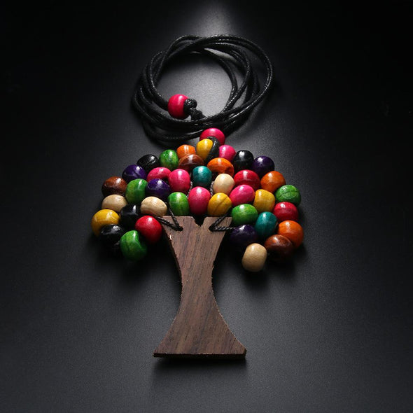 Tree Of Life Rainbow Wooden Beads Pendant Necklace