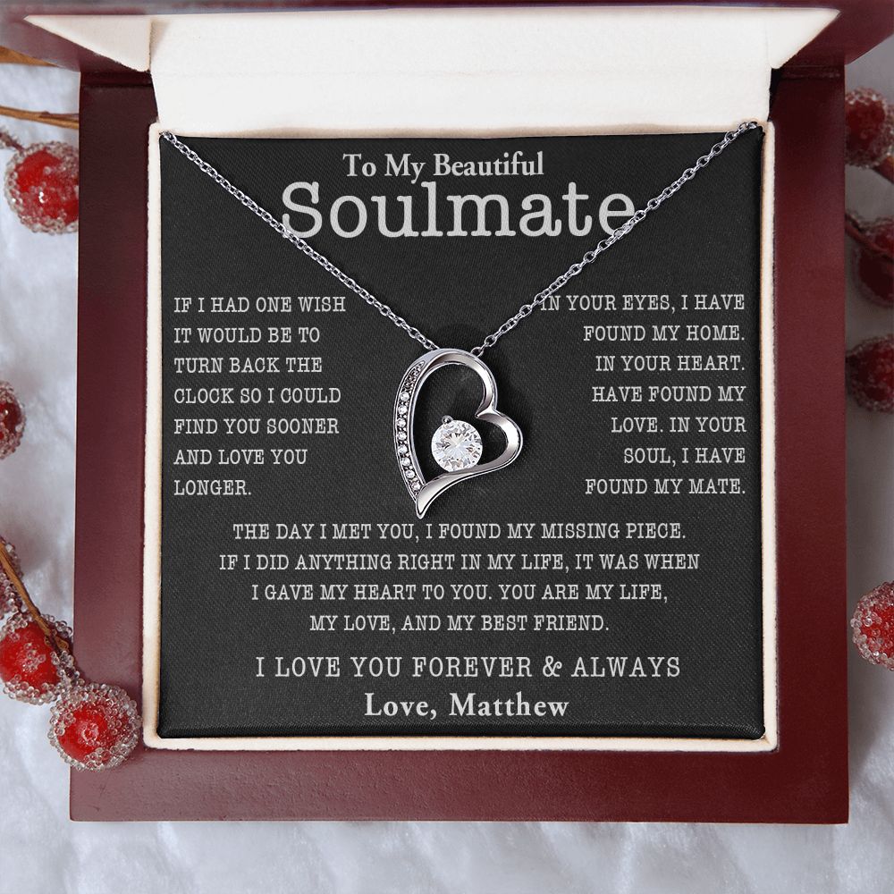 TO MY SOULMATE, FOREVER LOVE NECKLACE WITH PERSONALIZED MESSAGE CARD, ANNIVERSARY, BIRTHDAY, GIFT FOR HER, JEWELRY FOR HER, PENDANT FOR HER