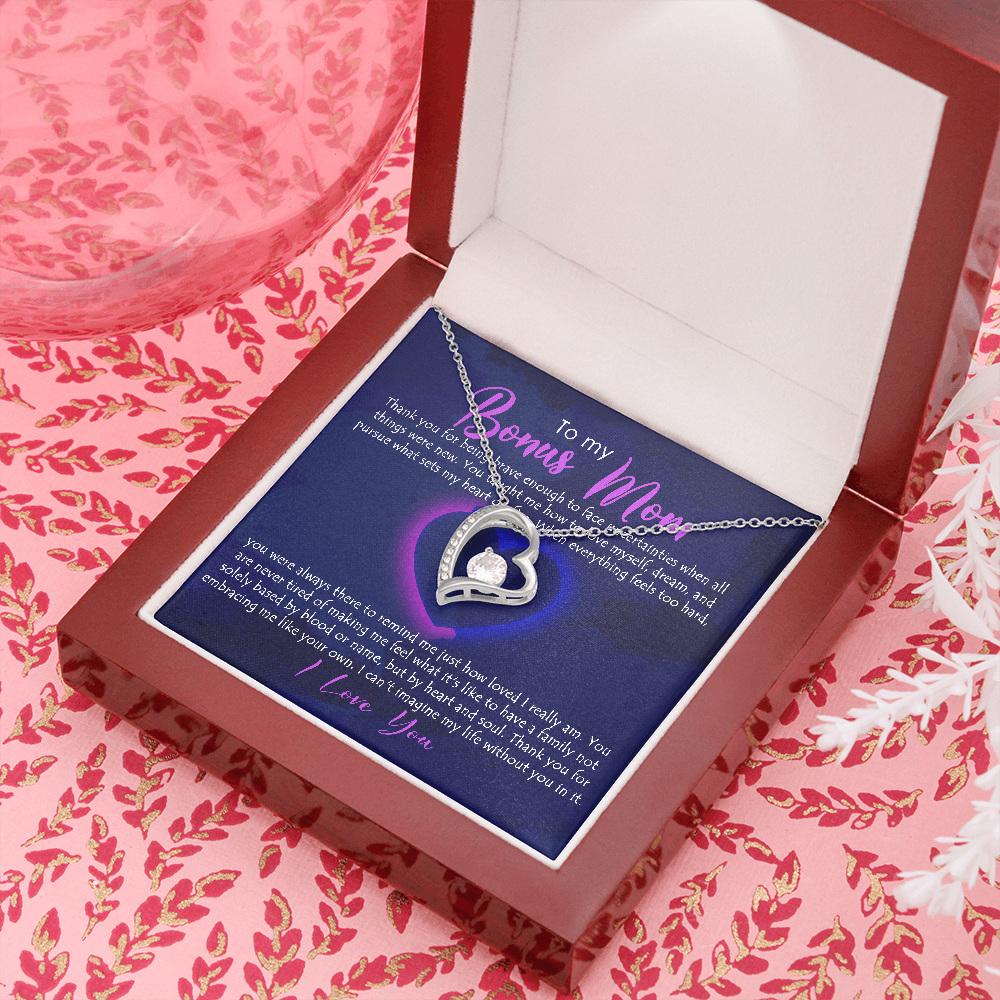 To My Bonus Mom, Forever Love Necklace, Necklace With Thanks For Being Brave Message Card For Her, Mother’s Day Gift Pendant For Her, Christmas, Birthday, Anniversary, Jewelry For Her
