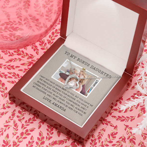 To My Bonus Daughter, Forever Love Necklace With Privilege Of Being Your Mother Message Card, Customized Picture And Name Gift Pendant For Her, Christmas, Birthday, Anniversary, Gift For Her