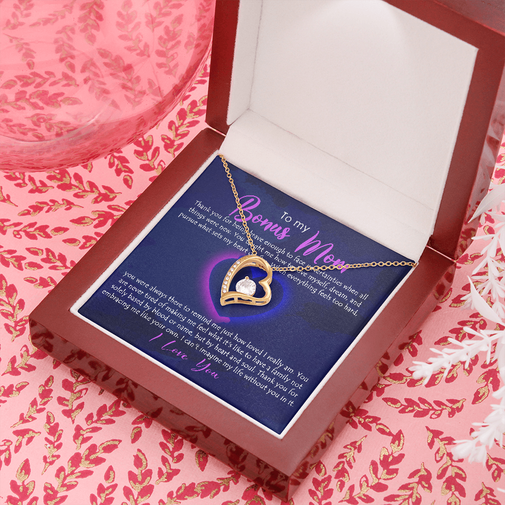 To My Bonus Mom, Forever Love Necklace, Necklace With Thanks For Being Brave Message Card For Her, Mother’s Day Gift Pendant For Her, Christmas, Birthday, Anniversary, Jewelry For Her
