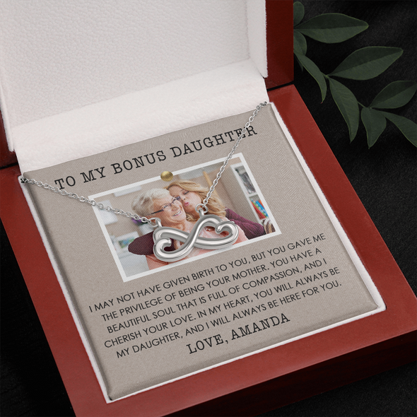To My Bonus Daughter, Infinity Hearts Necklace With Privilege Of Being Your Mother Message Card, Customized Picture And Name Gift Pendant For Her, Christmas, Birthday, Anniversary, Gift For Her