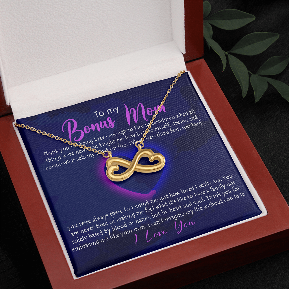 To My Bonus Mom, Infinity Hearts Necklace, Necklace With Thanks For Being Brave Message Card For Her, Mother’s Day Gift Pendant For Her, Christmas, Birthday, Anniversary, Jewelry For Her
