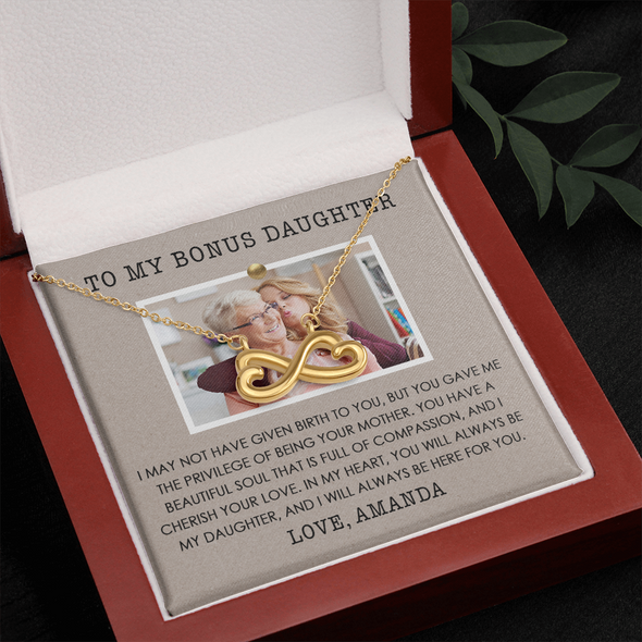 To My Bonus Daughter, Infinity Hearts Necklace With Privilege Of Being Your Mother Message Card, Customized Picture And Name Gift Pendant For Her, Christmas, Birthday, Anniversary, Gift For Her