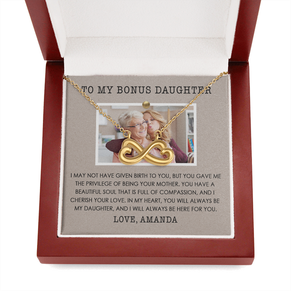 To My Bonus Daughter, Infinity Hearts Necklace With Privilege Of Being Your Mother Message Card, Customized Picture And Name Gift Pendant For Her, Christmas, Birthday, Anniversary, Gift For Her