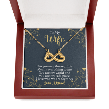 To My Beautiful Wife, Infinity Hearts Necklace With Our Journey Through Life Means Everything To Me Customized Message Card, Birthday, Gift For Her, Jewelry For Her, Pendant For Her