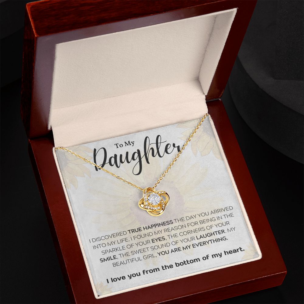 TO MY DAUGHTER, I LOVE YOU FROM THE BOTTOM OF MY HEART, LOVE KNOT NECKLACE WITH MESSAGE CARD FOR DAUGHTER, BIRTHDAY GIFT FOR HER