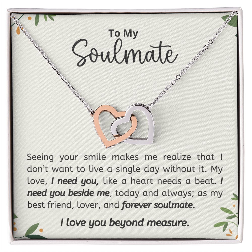 TO MY SOULMATE I LOVE YOU BEYOND MEASURE, INTERLOCKING HEART NECKLACE, GIFT FOR HER, BIRTHDAY, ANNIVERSARY GIFT FOR WIFE