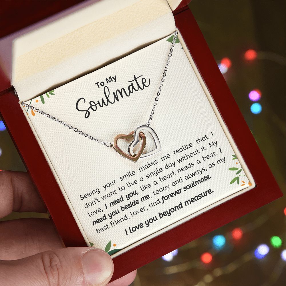 TO MY SOULMATE I LOVE YOU BEYOND MEASURE, INTERLOCKING HEART NECKLACE, GIFT FOR HER, BIRTHDAY, ANNIVERSARY GIFT FOR WIFE