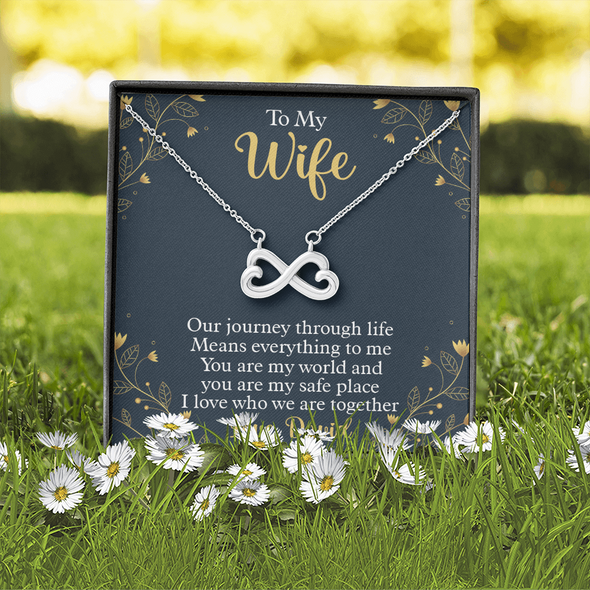 To My Beautiful Wife, Infinity Hearts Necklace With Our Journey Through Life Means Everything To Me Customized Message Card, Birthday, Gift For Her, Jewelry For Her, Pendant For Her