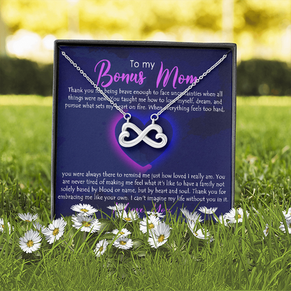 To My Bonus Mom, Infinity Hearts Necklace, Necklace With Thanks For Being Brave Message Card For Her, Mother’s Day Gift Pendant For Her, Christmas, Birthday, Anniversary, Jewelry For Her
