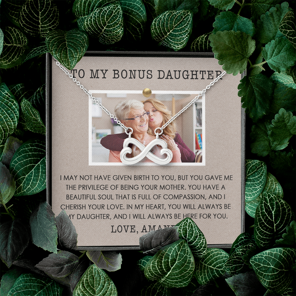 To My Bonus Daughter, Infinity Hearts Necklace With Privilege Of Being Your Mother Message Card, Customized Picture And Name Gift Pendant For Her, Christmas, Birthday, Anniversary, Gift For Her