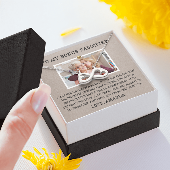 To My Bonus Daughter, Infinity Hearts Necklace With Privilege Of Being Your Mother Message Card, Customized Picture And Name Gift Pendant For Her, Christmas, Birthday, Anniversary, Gift For Her