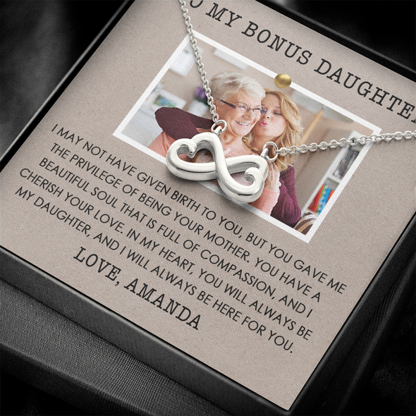 To My Bonus Daughter, Infinity Hearts Necklace With Privilege Of Being Your Mother Message Card, Customized Picture And Name Gift Pendant For Her, Christmas, Birthday, Anniversary, Gift For Her