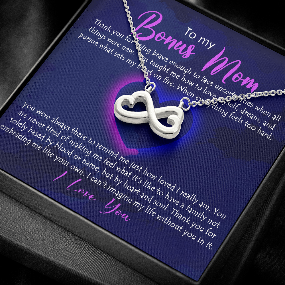 To My Bonus Mom, Infinity Hearts Necklace, Necklace With Thanks For Being Brave Message Card For Her, Mother’s Day Gift Pendant For Her, Christmas, Birthday, Anniversary, Jewelry For Her