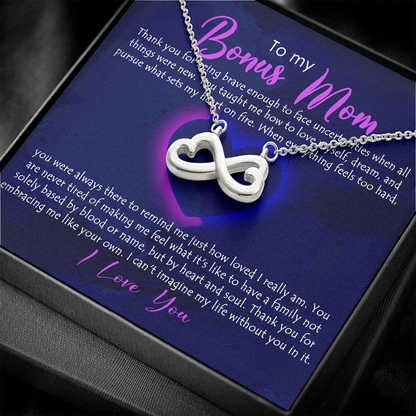 To My Bonus Mom, Infinity Hearts Necklace, Necklace With Thanks For Being Brave Message Card For Her, Mother’s Day Gift Pendant For Her, Christmas, Birthday, Anniversary, Jewelry For Her