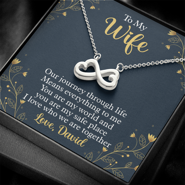 To My Beautiful Wife, Infinity Hearts Necklace With Our Journey Through Life Means Everything To Me Customized Message Card, Birthday, Gift For Her, Jewelry For Her, Pendant For Her